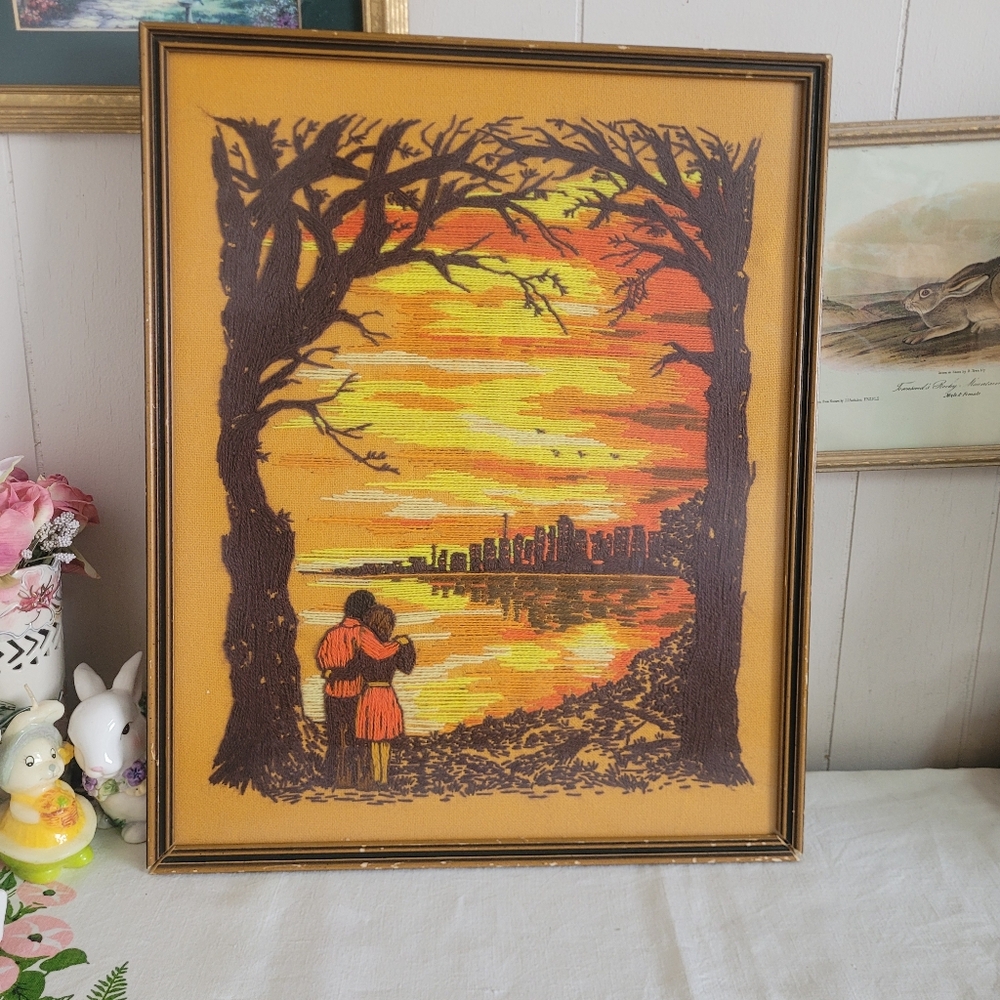 Vintage Framed Sunset Cityscape Embroidery Crewel Art